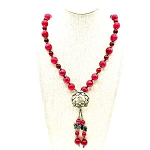 RARE Vintage Artisan Natural Rubellite Pinkish Red Flower Butterfly Necklace 24”